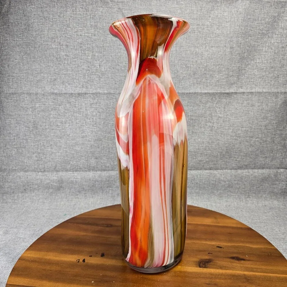 Vintage‎ Red Swirl Hand Blown Art Glass Vase Flared Rim Multi-Color 17 inch
